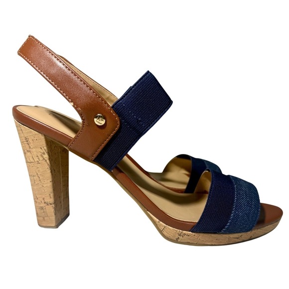 Liz Claiborne Jean Stiletto Sandals Cork Heel Platform Navy Brown Size 10 Medium - Picture 7 of 10